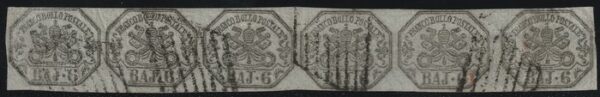 Italienische antike Staaten - Kirchenstaat 1854 - 1st issue 6 b. oily grey print, horizontal strip of 6 with gutter, great rarity - Sassone N.7c INTERSPAZIO