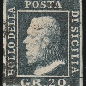 Italienische antike Staaten - Sizilien 1859 - 20 gr. slate grey with very good margins, used, luxury, rare, with several expert’s reports - Sassone N.13