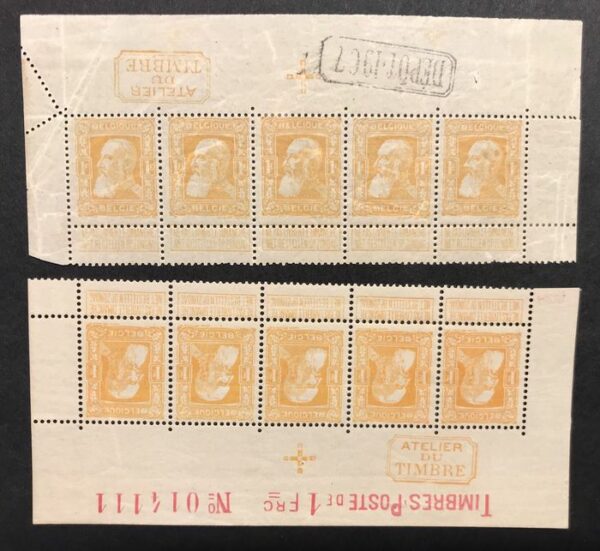 Belgien 1908 - Rough beard 1fr in two distinguished nuances - Edge strips of five - Unique - OBP 79 & 79a