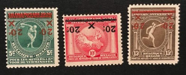 Belgien 1921 - Antwerp Olympiad - Complete series with inverted overprint - Multiple signatures - OBP 184-Cu / 185-Cu / 186-Cu