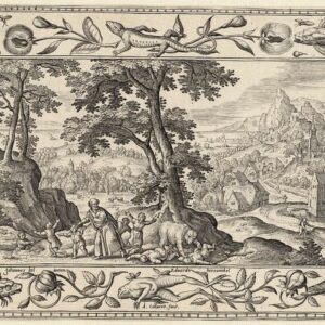 Adriaen Collaert (1560-1618), Hans Bol (1534-1593) naar - Elijah Curses Nasty Children.Biblical scene in a renaissance border with birds, fish and flowers.
